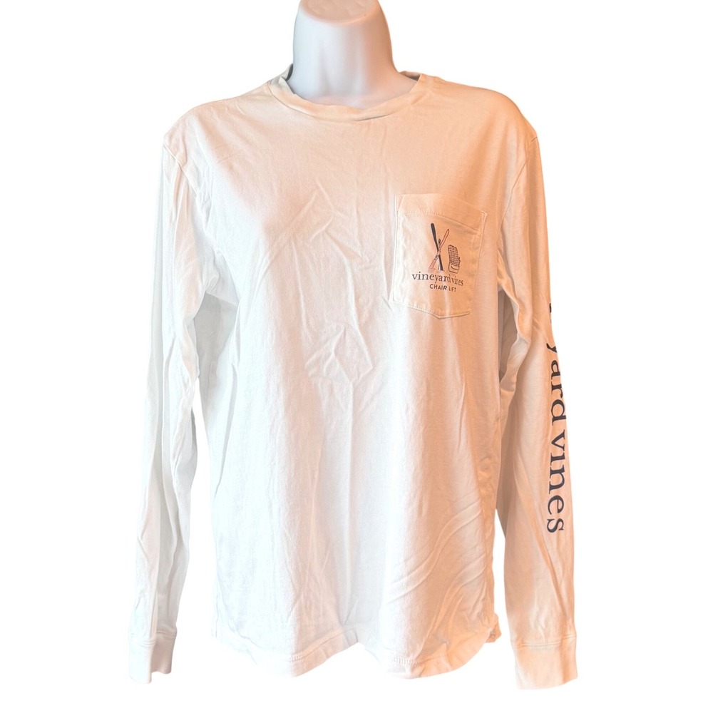 Vineyard Vines Chair Lift Long Sleeve Pocket T Shirt Ski Graphic Size XS White